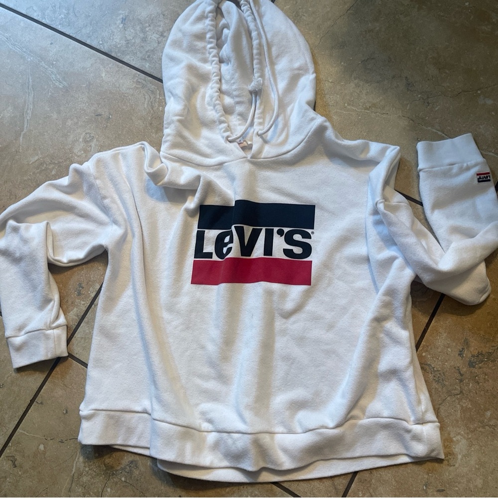 Levi's Hoodie Sweatshirt Womens L, White Logo Cropped
